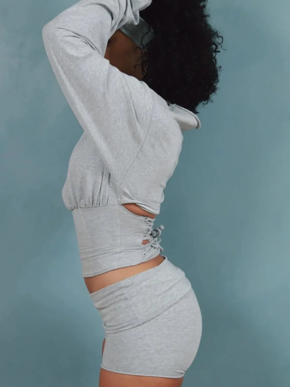 Heather Gray Lace-Up Cropped Hoodie & Shorts Set (Never Worn) - Picture 1 of 3